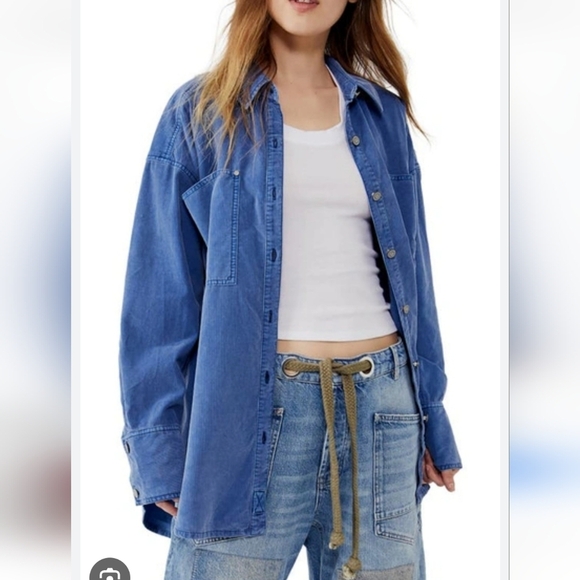 We The Free People Baby Cord Buttondown Shirt Electric Indigo Oversized Large - Picture 3 of 9